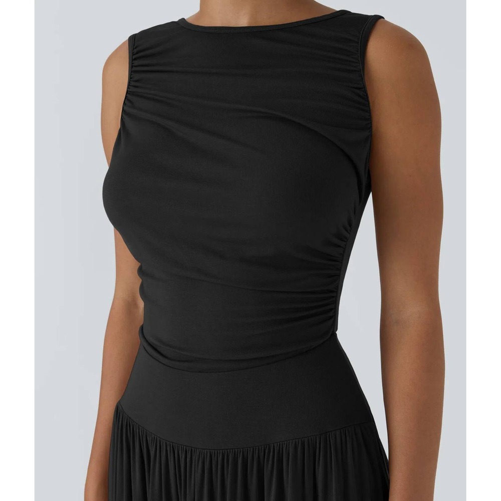 Halara NWT Dress Boat Neck Asymmetric Strap Ruched Pocket Flowy Maxi Casual - Picture 3 of 7